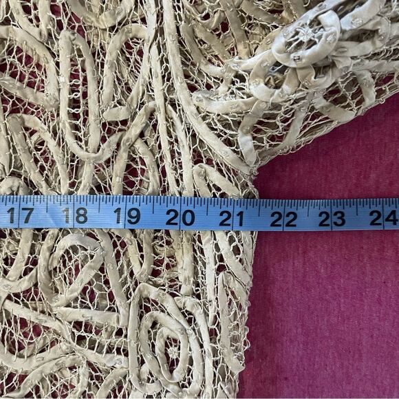 Cream Crochet Cardigan SZ L Open Front Gold Beaded Boho Garden Fairy Cottagecore - Picture 4 of 5